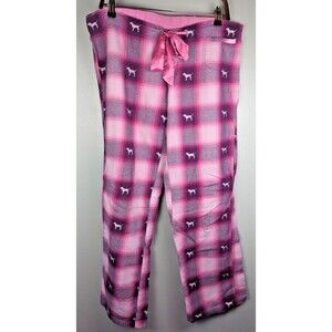 PINK Plaid Dog Print Wide Leg Bed Sleeping Pants Small Pocket and Tie Women's